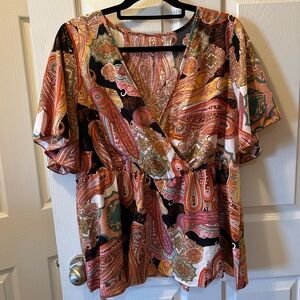 SHEIN Curve 3XL Orange and Brown Paisley Flutter Sleeve Surplice Peplum Blouse